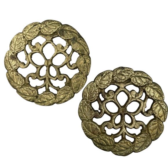 Lot of 2 Brass Floral Trivet Iron Tripod Bracket for Cooking Pot /Kettle - Picture 2 of 9